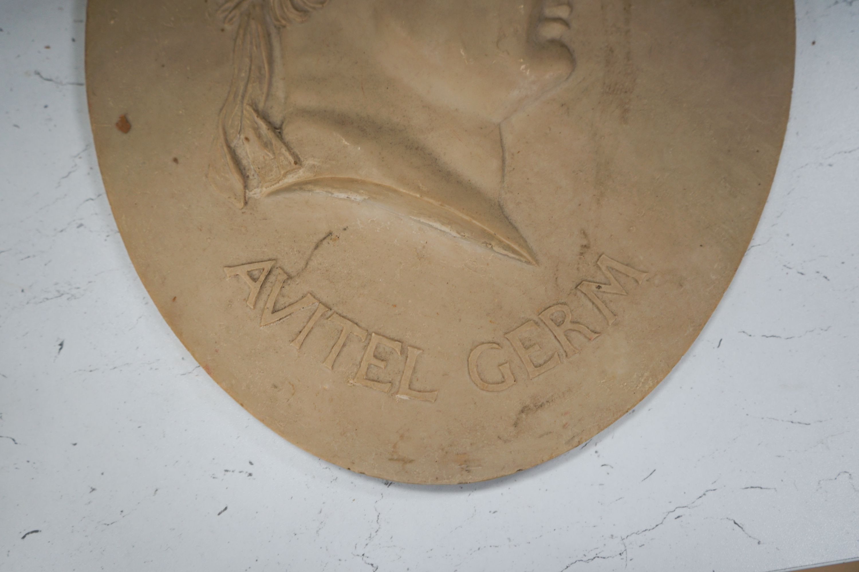 A resin composite bust roundel, after the antique, 'AVITEL GERM'